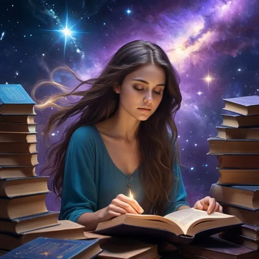 Prompt: (brunette woman with long hair reading books), surrounded by books, cosmic background, star-filled sky, nebulae, glowing celestial lights, magical realism, ethereal atmosphere, serene expression, intricate book illustrations, ultra-detailed, vibrant color tones, deep blues and purples, golden accents, luminous lighting, cinematic masterpiece, high definition, 4K