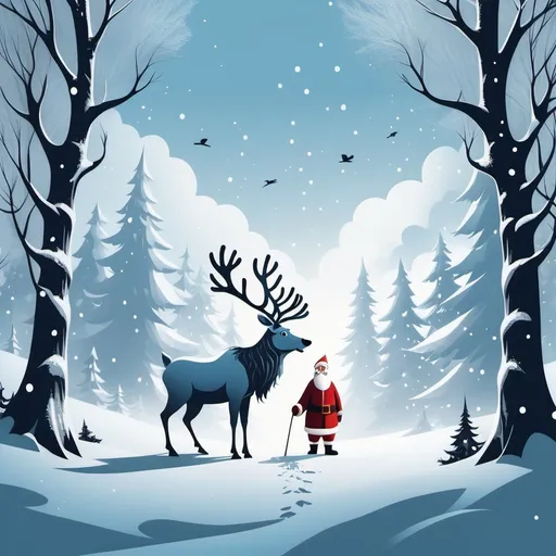 Prompt: The background of the poster is a light blue sky with snow fall in the distance. snowy forest, and the right side at the top Santa Claus with his reindeer in small size.
The overall theme of the design is cold and wintery, with a sense of mystery and adventure.