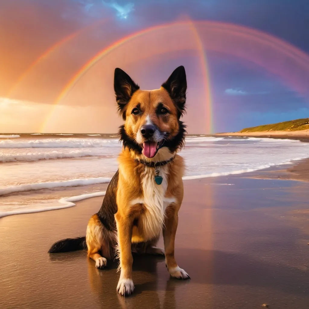 Prompt: dog on the beach with a sunset and rainbow