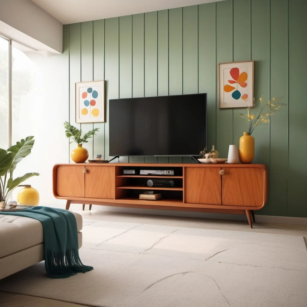 Prompt: Mid century style design, TV unit , very bright patterns on the wall but mostly white