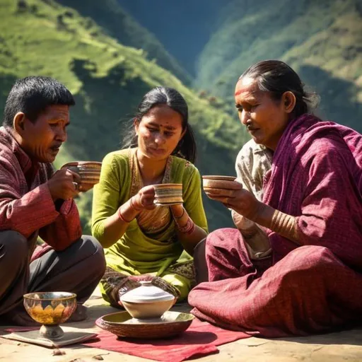 Prompt: Nepalese people drinking tea