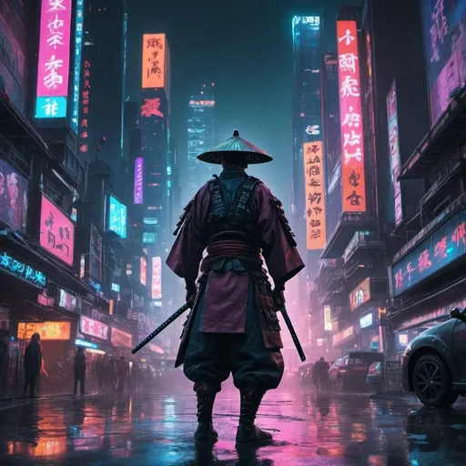 Prompt: The samurai stands in a bustling cyberpunk cityscape. Towering skyscrapers pierce the night sky, their windows glowing with a kaleidoscope of neon lights. Hovering vehicles zip through the air, casting fleeting shadows on the rain-slick streets below.  In the distance, a massive holographic advertisement flickers to life, casting the samurai in a momentary wash of vibrant color.