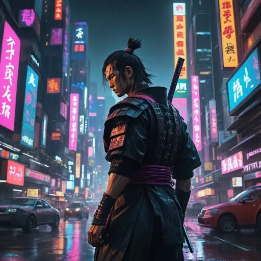 Prompt: The samurai stands in a bustling cyberpunk cityscape. Towering skyscrapers pierce the night sky, their windows glowing with a kaleidoscope of neon lights. Hovering vehicles zip through the air, casting fleeting shadows on the rain-slick streets below.  In the distance, a massive holographic advertisement flickers to life, casting the samurai in a momentary wash of vibrant color.