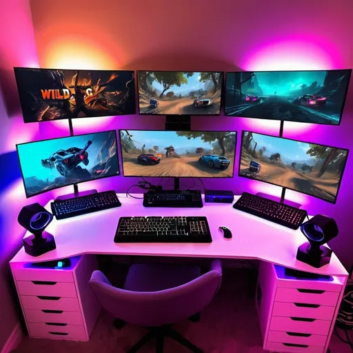 Prompt: gaming set up different colors and get wild have goood back grounds that are crazy

