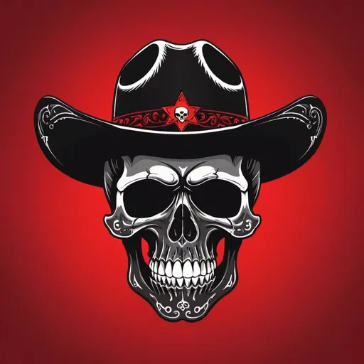 Prompt: One black cowboy skull on red background
