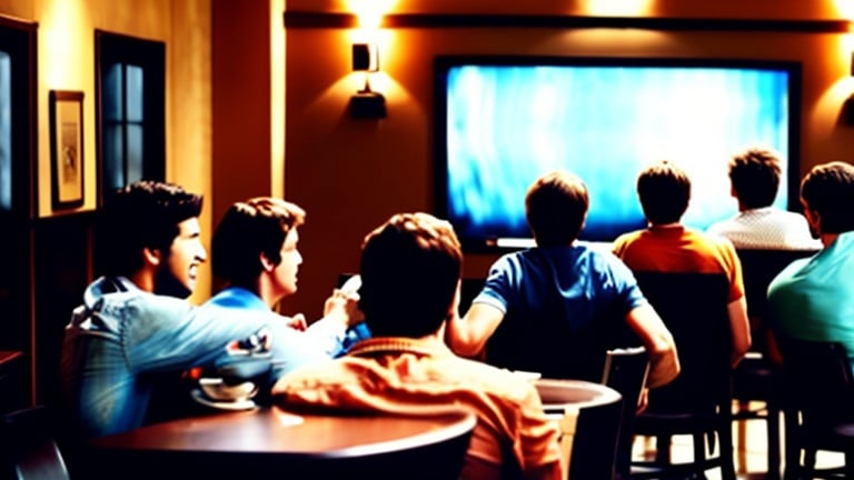 Prompt: A group of  15 people siting in cafe and watching funny movie in a big tv 