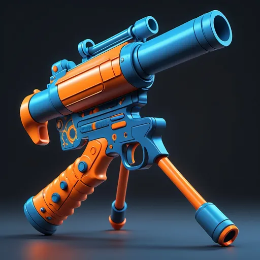 Prompt: a colorful but realistic looking toy shrink ray gun with a bunch of blue and orange cylinder shaped, orange tipped pellets in it and a tripod with a gun, Beeple, auto-destructive art, features intricate detail, a computer rendering. The entire tripod is visible. There is a navigational control stick, handheld, separate from the main component. There is a rangefinder scope mounted to the top