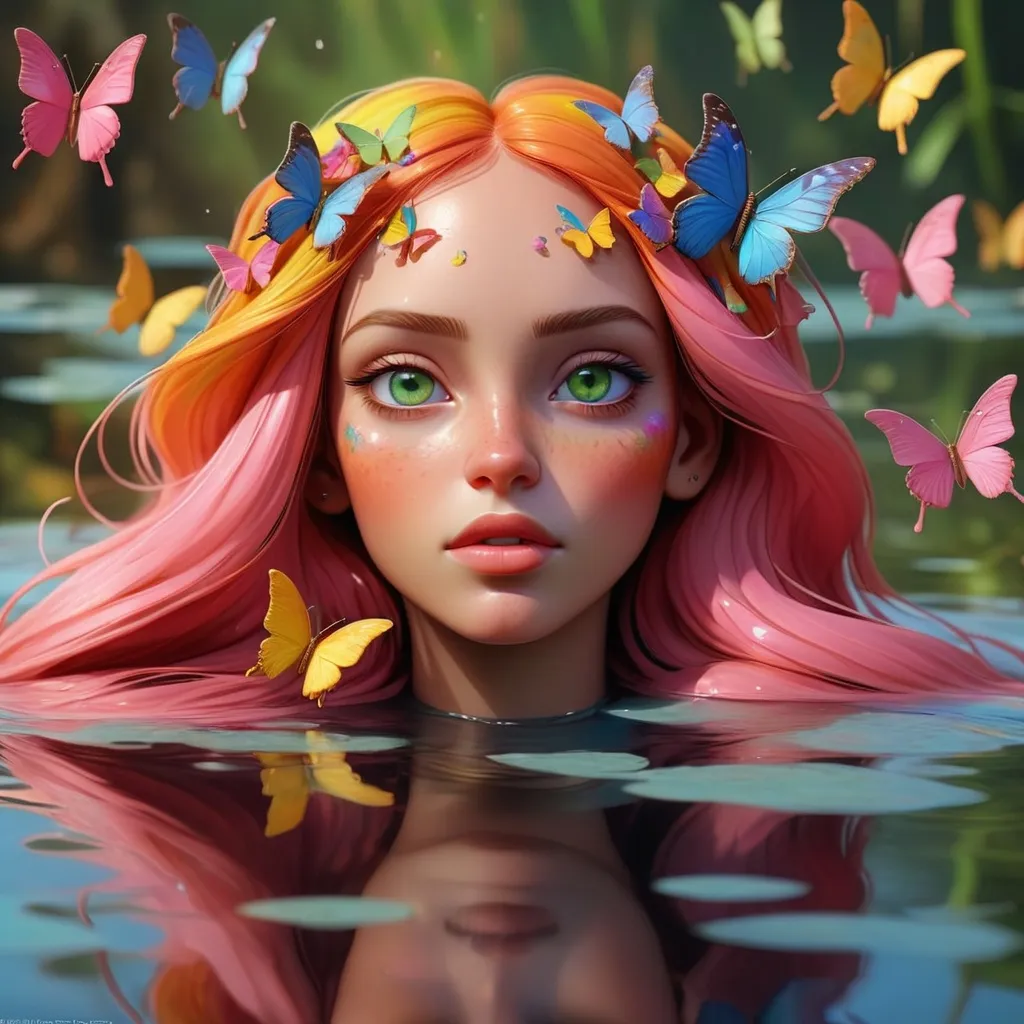 Prompt: Twenty-five-year-old woman with red-yellow-blue long hair and green eyes floating on water staring at her reflection. Pink little butterflies in her hair. Very beautiful brown skin, splash rainbow; it is noon, deep and bright colors, fantastical, intricate and perfect detail, complementary colors, fantasy concept art, 8k resolution trending on Art Station Unreal Engine 5