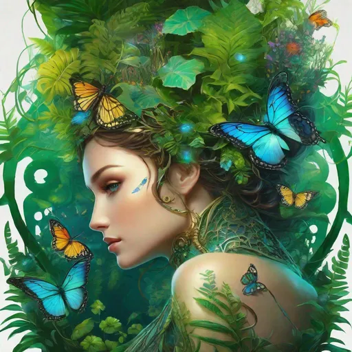 Prompt: ((Cinematic)) ((photorealistic full-body portrait)) of a mysterious woman-fish, a fusion of bright ((floral)) and ((mechanical)) elements, wandering through an enchanted forest of bioluminescent ferns and glowing plants. This unique being, with a body covered in small butterflies and intricate gears, has piercing, green eyes that emit an eerie, mesmerizing light. It explores the surreal, shadowy landscape, a realm where nature and technology coexist in a sinister harmony. Delicate, dark flowers intertwined with polished.