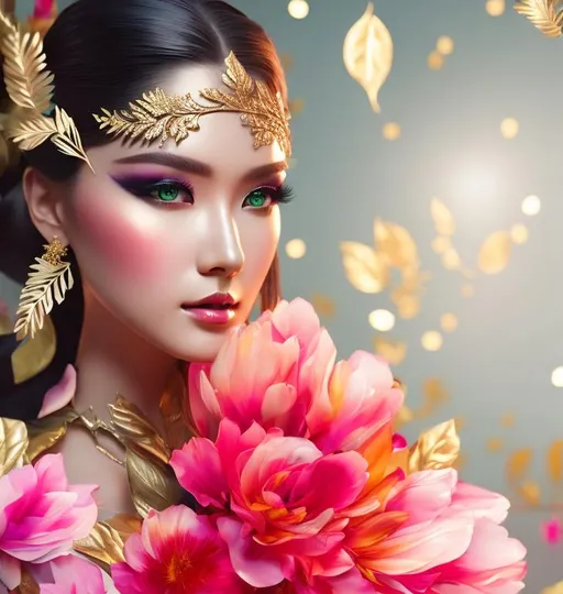 Prompt: Woman 25 years old, green eyes, dress made glossy paint and colorful, golden metal floral and leaf pattern, flower, no humans, fantasy, ultra detail, shiny.
