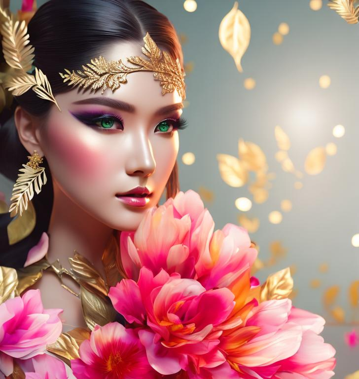 Prompt: Woman 25 years old, green eyes, dress made glossy paint and colorful, golden metal floral and leaf pattern, flower, no humans, fantasy, ultra detail, shiny.