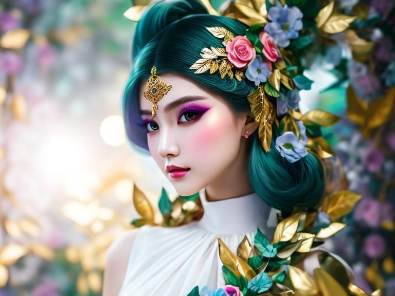 Prompt: Woman 25 years old, green eyes, dress made glossy paint and colorful, golden metal floral and leaf pattern, flower, no humans, fantasy, ultra detail, shiny.