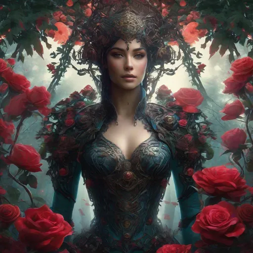 Prompt: ((Cinematic)) ((photorealistic full-body portrait)) of a mysterious hybrid creature, a fusion of dark ((floral)) and ((mechanical)) elements, wandering through an enchanted forest of bioluminescent trees and glowing plants. This unique being, with a body covered in thorny roses and intricate gears, has piercing, crimson eyes that emit an eerie, mesmerizing light. It explores the surreal, shadowy landscape, a realm where nature and technology coexist in a sinister harmony. Delicate, dark flowers intertwined with polished.