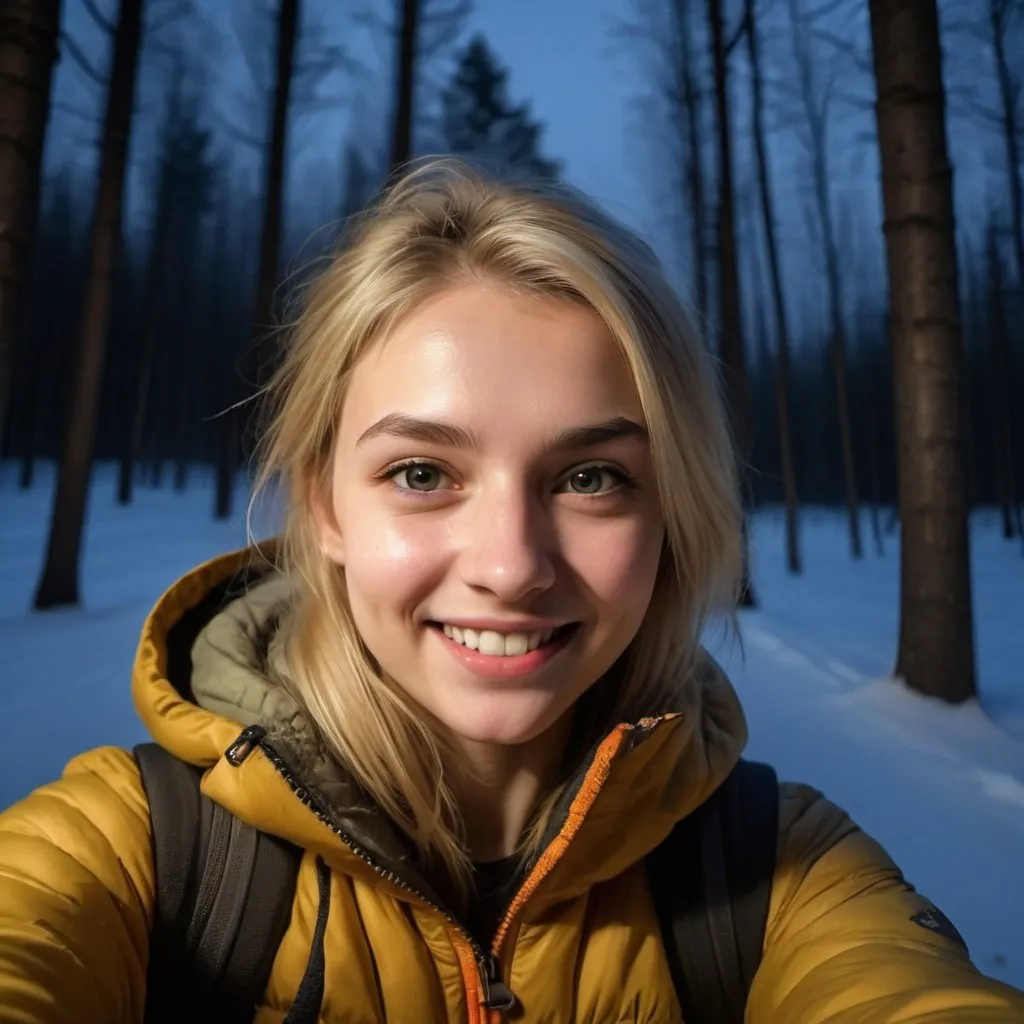 Prompt: Portrait photograph (selfie:1.4) of (half-length) of a ((girl)), blonde, smiling, dressed for trekking, winter, cold, (in a forest:1.3), (at night:1.5), (darkness:1.3), (flash lighting:1.4), realistic, dynamic angle, (RAW photo), highly detailed, intricate details, HDR, UHD, 64K, masterpiece 