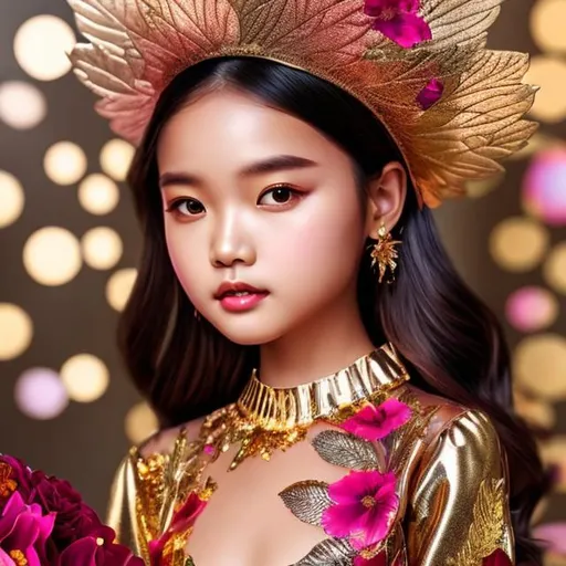 Prompt: Girl, brown eyes, dress made glossy paint and colorful transparent, golden metal floral and leaf pattern, flower, no humans, fantasy, ultra detail, shiny.