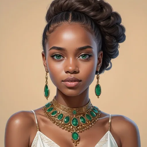 Prompt: Full portrait of young and beautiful African fashion model, emerald-eyed, tanned skin, young lesbian, young girl, twenty years old, intricate, elegant, highly detailed, digital painting, art station, concept art, smooth, sharp focus, illustration