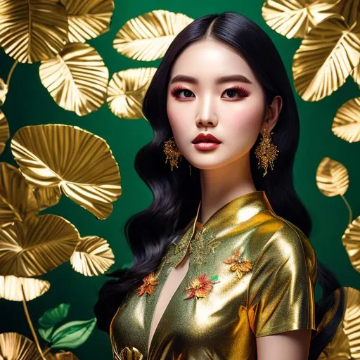 Prompt: Woman 25 years old, green eyes, dress made glossy paint and colorful, golden metal floral and leaf pattern, flower, no humans, fantasy, ultra detail, shiny.