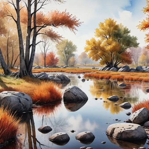 Prompt: (((hyper realistic beautiful intricate wetland with boulders and autumn trees, soft delicate watercolor, dramatic, perfect composition. 4K, --ar 3:2 --quality 0.25))), (((extreme realistic skin detail))) (trees with detailed shadows) (masterpiece, highest quality), (realistic, photorealistic:1.9), ((Photoshoot)), sharp focus, 8k, UHD, high quality, intricate detailed, highly detailed, hyper-realistic