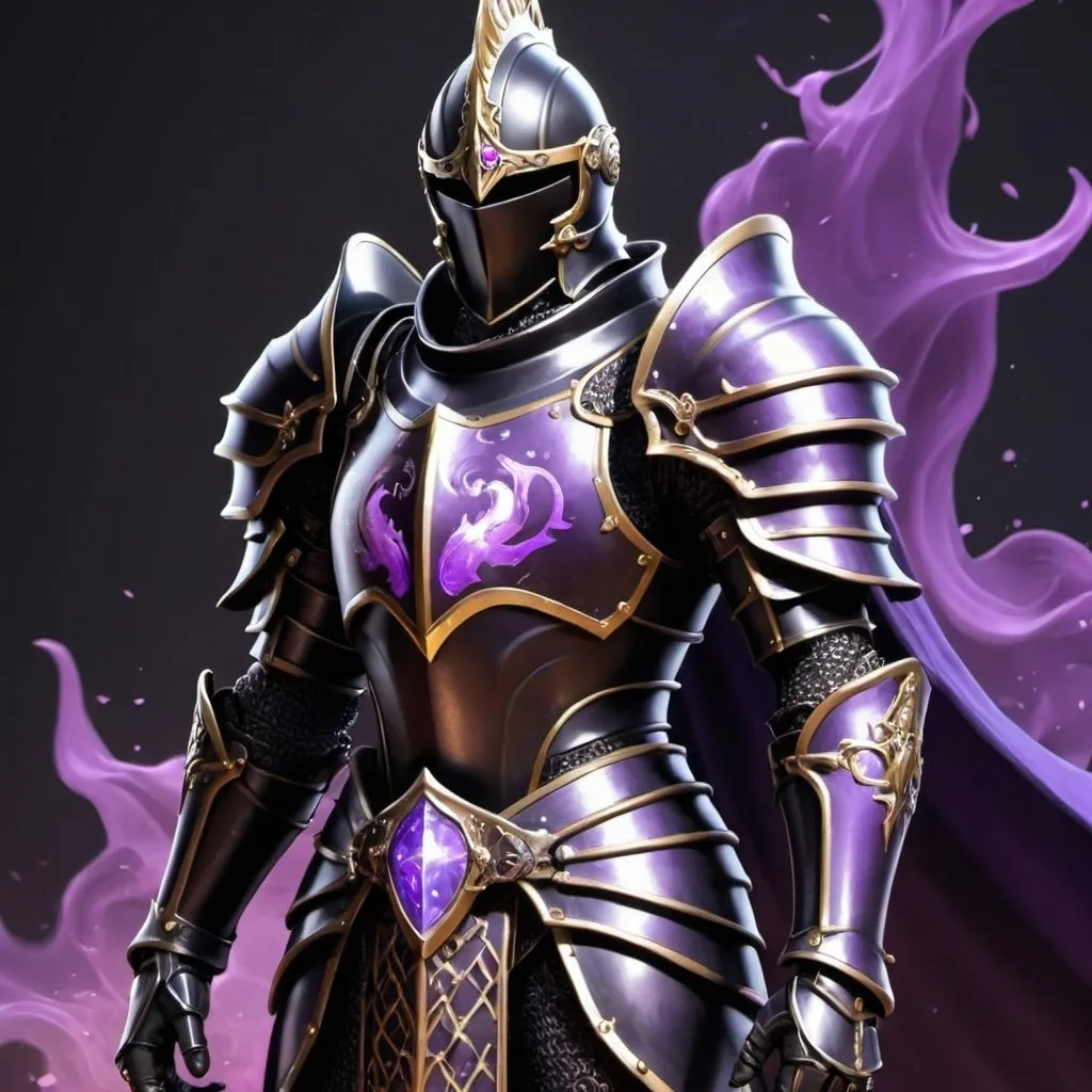 Prompt: a handsome black knight on his purple armor and some aura coming out of his armor
