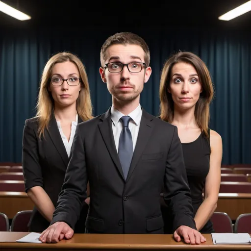 Prompt: 3 nervous public speakers - one male and two female. Make each person look different.