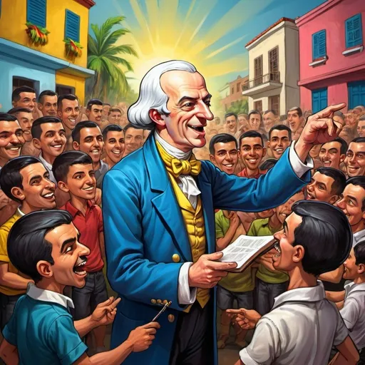 Prompt: Caricature of Adam Smith teaching morality to young men in Venezuela, colorful, vibrant artistic style, exaggerated features, lively and cheerful atmosphere, high quality, detailed, caricature, vibrant colors, exaggerated proportions, educational, whimsical, colorful lighting