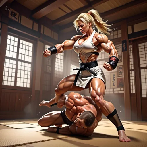 Prompt: <mymodel> muscular judo woman, wearing a very low-cut tight dress, slams man onto the floor, defeating him, restaurant, 3d photo, expert lighting