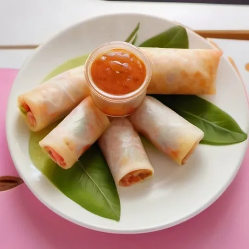 Prompt: 5 unique spring rolls, some on a plate, some not, high quality, colorful, vibrant, detailed, realistic, food illustration, varied presentation, fresh ingredients, crispy texture, mouth-watering, appetizing, different fillings, artistic plating, savory, tempting display, natural lighting