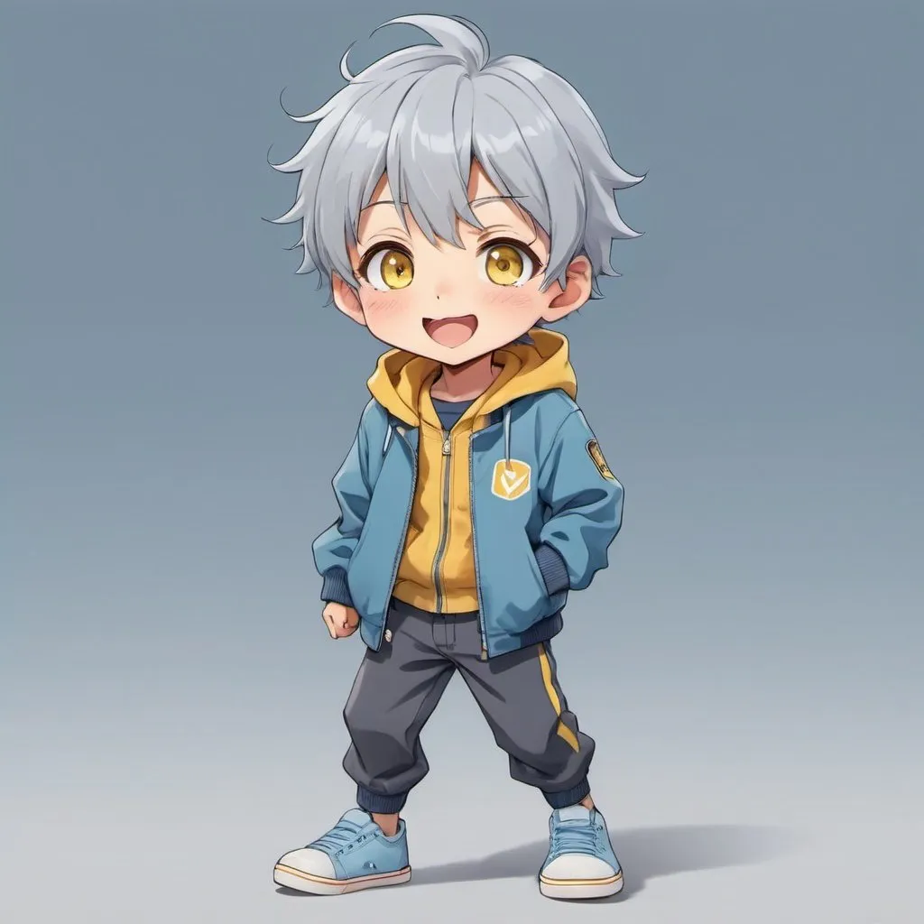 Prompt: A greyish haired and yellow-eyed anime character with a slightly joyful expression, wearing a blue jacket, paired with light blue shoes and pants, very cute and charming kid