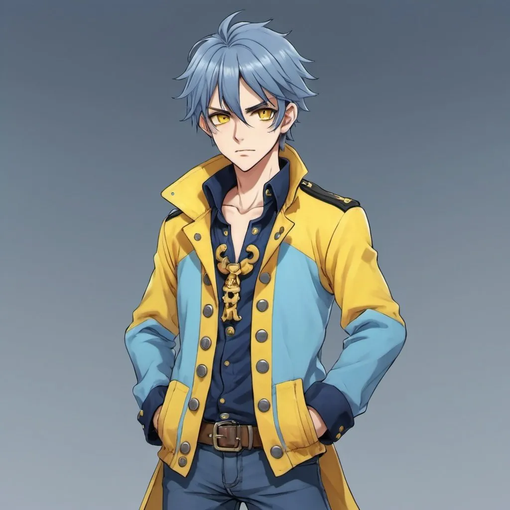 Prompt: An anime pirate wearing a light blue and yellow jacket, with dark blue pants and dark blue boots to go with it, with greyish-blue hair, yellow eyes. 26 years old.