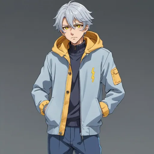 Prompt: A greyish haired and yellow-eyed anime character with a cold and neutral expression, wearing a blue jacket, paired with light blue shoes and pants. 