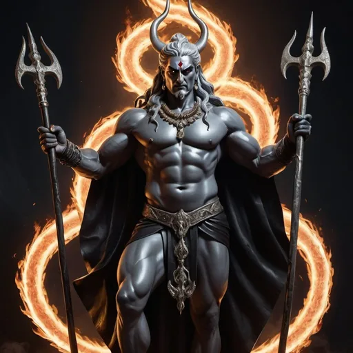 Prompt: Photorealistic depiction of shiva, God of the destruction, mighty snake around the neck, black leathery skin, long flowing dark leather cape, detailed facial features, silver hair, full-body portrayal, standing pose with arms hanging down, holding a long trident in each hand pointed to the floor, divine fury and flames surrounded, photorealism, detailed depiction, dark tones, intense lighting, mythological realism, powerful stance, fiery atmosphere, little silver glaze on trident, tatoos over body, golden braces in wrist.