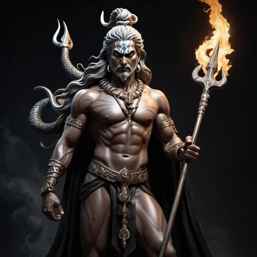 Prompt: Photorealistic depiction of shiva, God of the destruction, mighty snake around the neck, black leathery skin, long flowing dark leather cape, detailed facial features, silver hair, full-body portrayal, standing pose with arms hanging down, holding a long trident in each hand pointed to the floor, divine fury and flames surrounded, photorealism, detailed depiction, dark tones, intense lighting, mythological realism, powerful stance, fiery atmosphere, little silver glaze on trident, tatoos over body, golden braces in wrist.