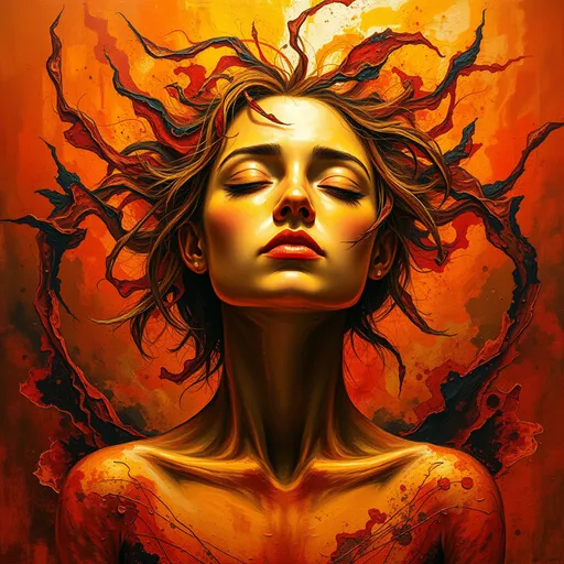 Prompt: (abstract expressionism), young female sage, warm color scheme, embodiment of strength, transformation and renewal, filled with emotional chaos, rich textures, vibrant hues of orange, deep red, and golden yellows, background representing swirling shadows and light, evocative forms merging and evolving, conveying doubt and confusion, (powerful symbolism) of resiliency and rebirth, (ultra-detailed) artwork full of dynamic energy and passionate expression.