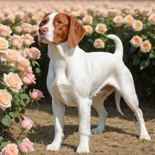 Prompt: A sleek white Brittany with light tan nose standing in a field of roses.
