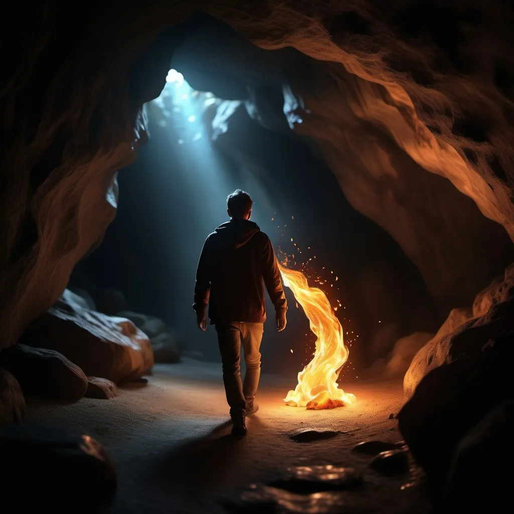 Prompt: "Imagine a person walking inside a cave holding a flame of fire inside a cave, but his features are blurred by the intensity of the darkness.",realistic,highrrsouloution,4k,ultra hd