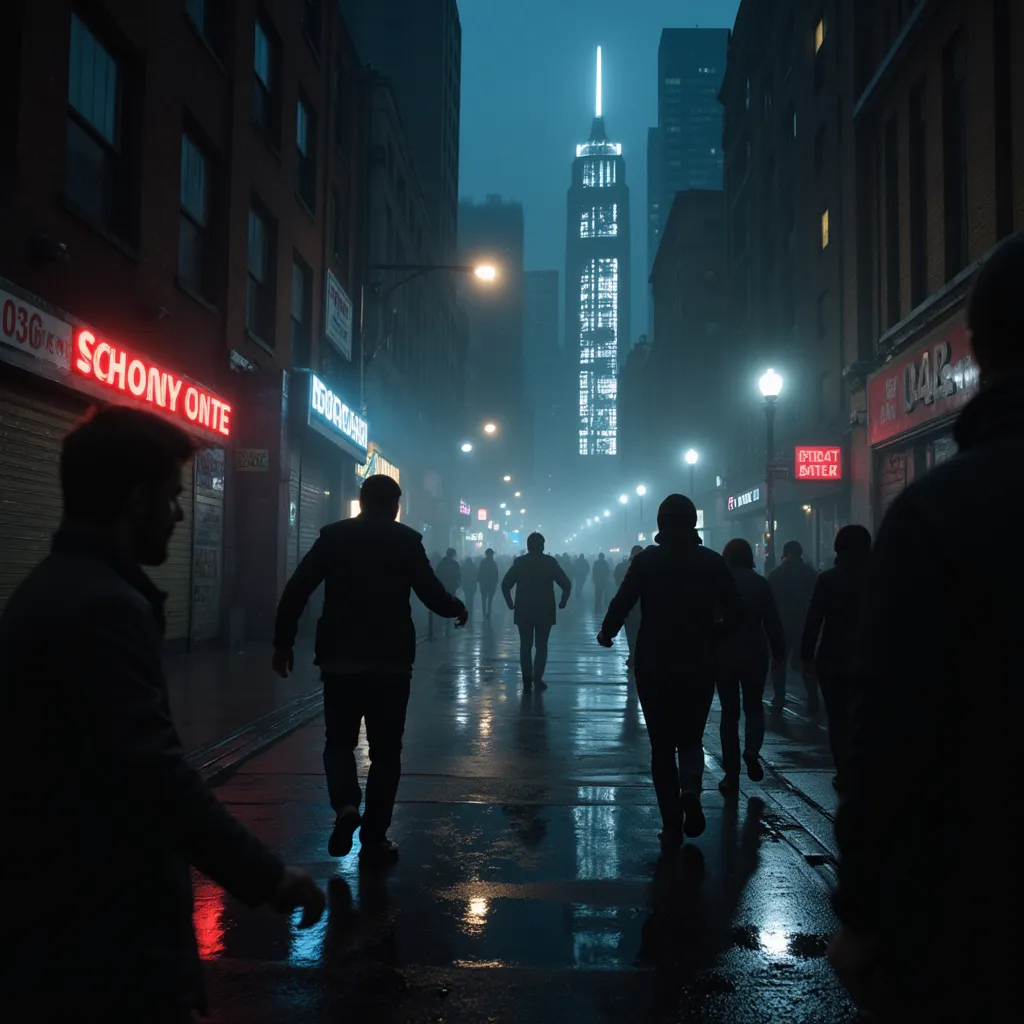 Prompt: A chilling horror scene set in New York City at night, featuring a dark alley filled with terrified onlookers. Some people are running in fear while others are frozen in shock, gazing at a ghostly figure lurking in the shadows. Flickering street lights cast eerie shadows on the wet pavement, and the skyline looms ominously in the background. The atmosphere is thick with mist, and the color palette should include deep blues, blacks, and splashes of red to enhance the feeling of dread."