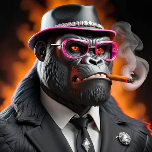 Prompt: Generate a hyper-realistic, close-up portrait of a large, imposing gorilla dressed in a sharp black tailored suit with a crisp white dress shirt. The gorilla wears a thick, polished silver chain around his neck, featuring a diamond-encrusted pendant shaped like a revolver, with intricate detailing on the barrel and handle. He has a stern, confident, and slightly menacing look on his face, his eyes faintly visible through semi-transparent neon pink ski goggles with reflective lenses. He smokes a blunt, the burning tip glowing orange, with thick smoke lazily curling around his face. On his head, he wears a glossy black leather bucket hat, slightly tilted to one side. The texture of his coarse, slightly shiny black fur is highlighted by soft lighting that emphasizes the contours of his face, hat, and suit. The background is pitch black, enhancing the dramatic and cinematic tone of the image, with special focus on the reflective surfaces of his goggles, chain, and the rising smoke from the blunt.