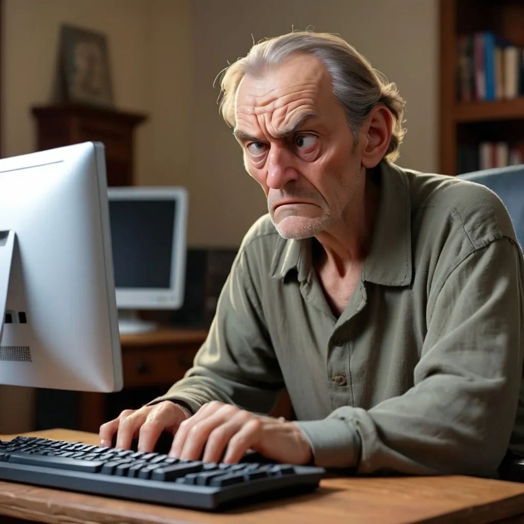 Prompt: frail man, worried look, middle age, sitting in front of computer, typing, keyboard warrior
