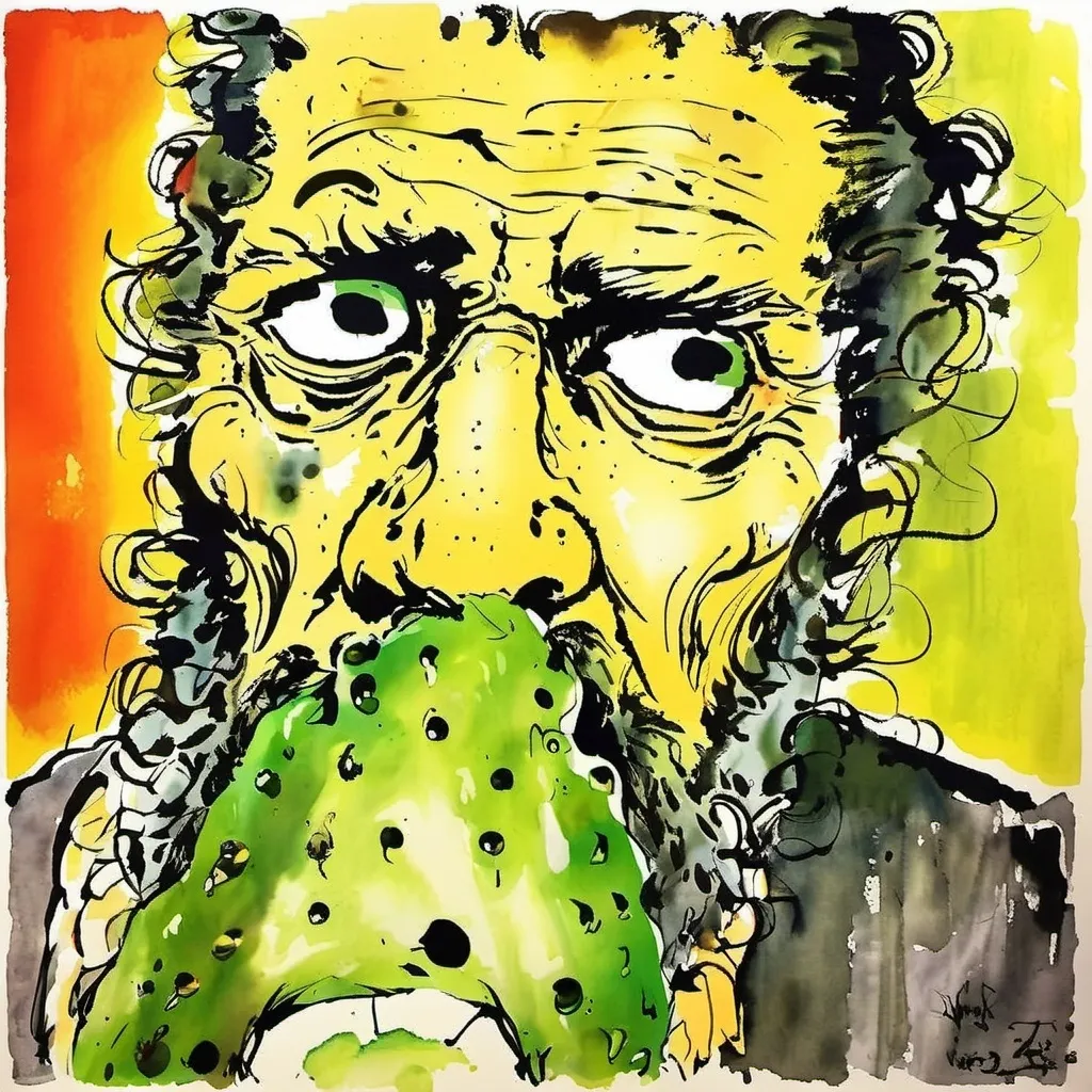 Prompt: a man with a beard and a beard holding a pickle in his mouth and looking at the camera, Darrell Riche, transgressive art, david lazar, a character portrait