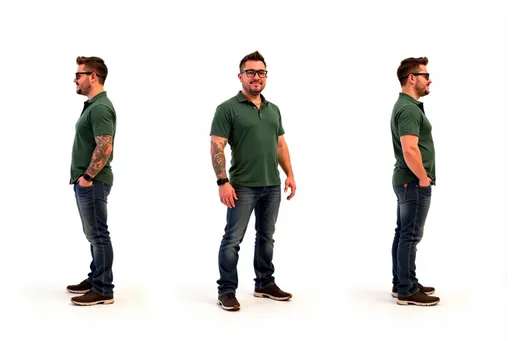 Prompt: A full-body character sheet of photorealistic adult male 694bea30 with short brown hair, black glasses, green shirt, arm tattoo, black smartwatch displayed in three clear views on a clean white background, arranged in a three-column grid pattern with equal spacing and importance. Left panel: front view showing complete anatomical details and outfit. Center panel: perfect 90-degree side view (profile) clearly showing the character's side silhouette, facial profile, and outfit from a direct lateral perspective. Right panel: back view revealing posterior details Each view maintains consistent scale, lighting, and full-body presentation from head to toe. All three perspectives must be equally detailed and given equal prominence in the composition.