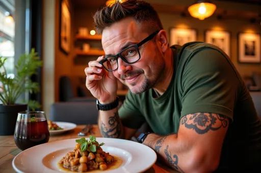 Prompt: photorealistic adult male 694bea30 with short brown hair, black glasses, green shirt, arm tattoo, black smartwatch tasting gourmet cuisine at a stylish, upscale restaurant, seated at a beautifully set table with elegant plating, mid-bite with a look of delight and curiosity, close-up shot focused on facial expression and dish details, food blogging theme, soft warm ambient lighting with a cozy golden glow, blurred background showing tasteful interior décor (wood accents, hanging lights, greenery), steam rising from the dish, a drink or side dish artfully placed nearby, subtle bokeh effect, cinematic and appetizing composition, inviting and intimate atmosphere.