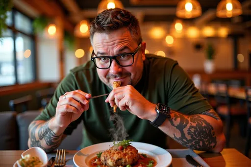 Prompt: photorealistic adult male 694bea30 with short brown hair, black glasses, green shirt, arm tattoo, black smartwatch tasting gourmet cuisine at a stylish, upscale restaurant, seated at a beautifully set table with elegant plating, mid-bite with a look of delight and curiosity, close-up shot focused on facial expression and dish details, food blogging theme, soft warm ambient lighting with a cozy golden glow, blurred background showing tasteful interior décor (wood accents, hanging lights, greenery), steam rising from the dish, a drink or side dish artfully placed nearby, subtle bokeh effect, cinematic and appetizing composition, inviting and intimate atmosphere.