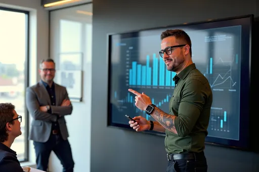 Prompt: photorealistic adult male 694bea30 with short brown hair, black glasses, green shirt, arm tattoo, black smartwatch wearing formal business attire, standing confidently in front of a large digital screen or projector, mid-presentation, gesturing with one hand while holding a remote or pointer in the other, professional and focused expression, sleek modern office or conference room setting, daylight coming through large windows, seated audience slightly blurred in the background, business charts or graphs visible on the screen, dynamic and engaging composition, business theme, confident and charismatic posture.