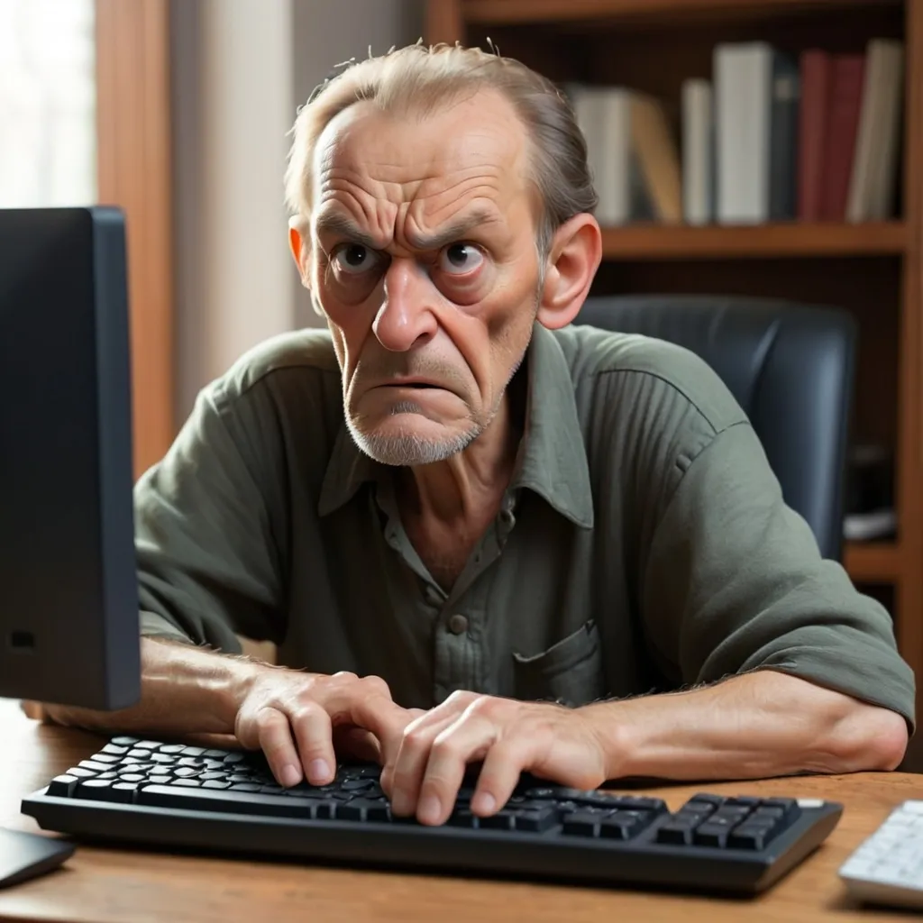 Prompt: frail man, worried look, middle age, sitting in front of computer, typing, keyboard warrior
