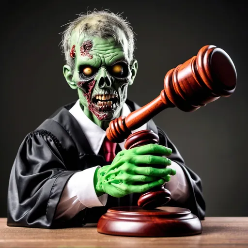 Prompt: (zombie judge holding a gavel justice),