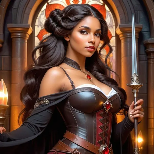 Prompt: <mymodel> portrait of a Victorian lady, a young beautiful wizard, elf, dark skin, dark brown long hair in a braid, flowing luscious and voluminous hair, shoulder long hair, a grim look on her face, plump lips feminine, strong sharp features, short and very muscular, body builder like build, radiating energy blood on her face, dark Victorian clothes, holding a wizard staff with a glowing red gem, sandals, leather padded armor, adventurer, standing in plaza in a depth of color, high details, high resolution, busy medieval fantasy town at night, fantasy setting, wide angle, dungeons & dragons, realistic with a dark red and black themed gothic background