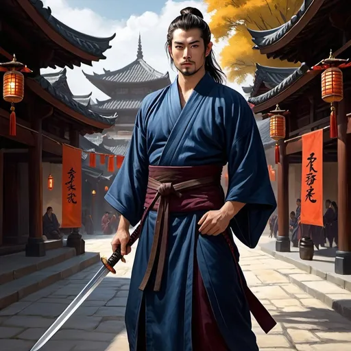 Prompt: (Full body) a young ronin with a short beard and black long hair tied in a pony tail, flowing luscious hair, a slight smirk, monk robes, dark blue kimono robes, arms folded with a poled banner in the ground behind him, sandals, sword sheathed, scabbard on hip with a sash, standing in plaza in a depth of color, high details, high resolution, busy town, fantasy setting, dungeons & dragons