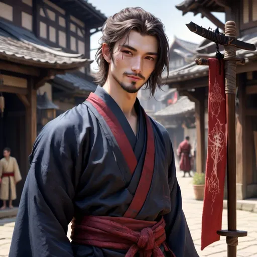 Prompt: <mymodel> portrait of a victorian man,  a young cocky ronin with a short beard and black long hair tied in a messy bun, flowing luscious hair, a casual and inviting smile, sword strapped to his back, specks of blood on his clothes, blood on his face, monk robes, dark blue kimono robes, arms folded with a poled banner in the ground behind him, sandals, standing in plaza in a depth of color, high details, high resolution, busy medieval fatansy town, fantasy setting, dungeons & dragons