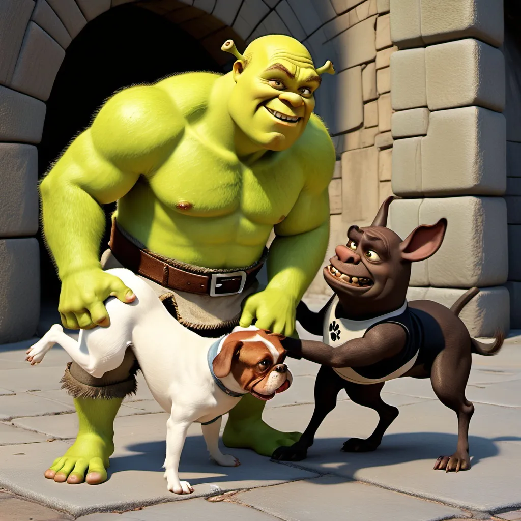 Prompt: Shrek beating up dog
