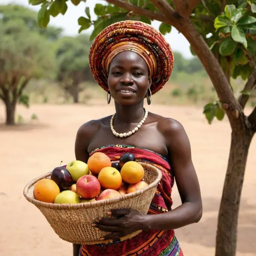 Prompt: an African woman with a basket of fruits